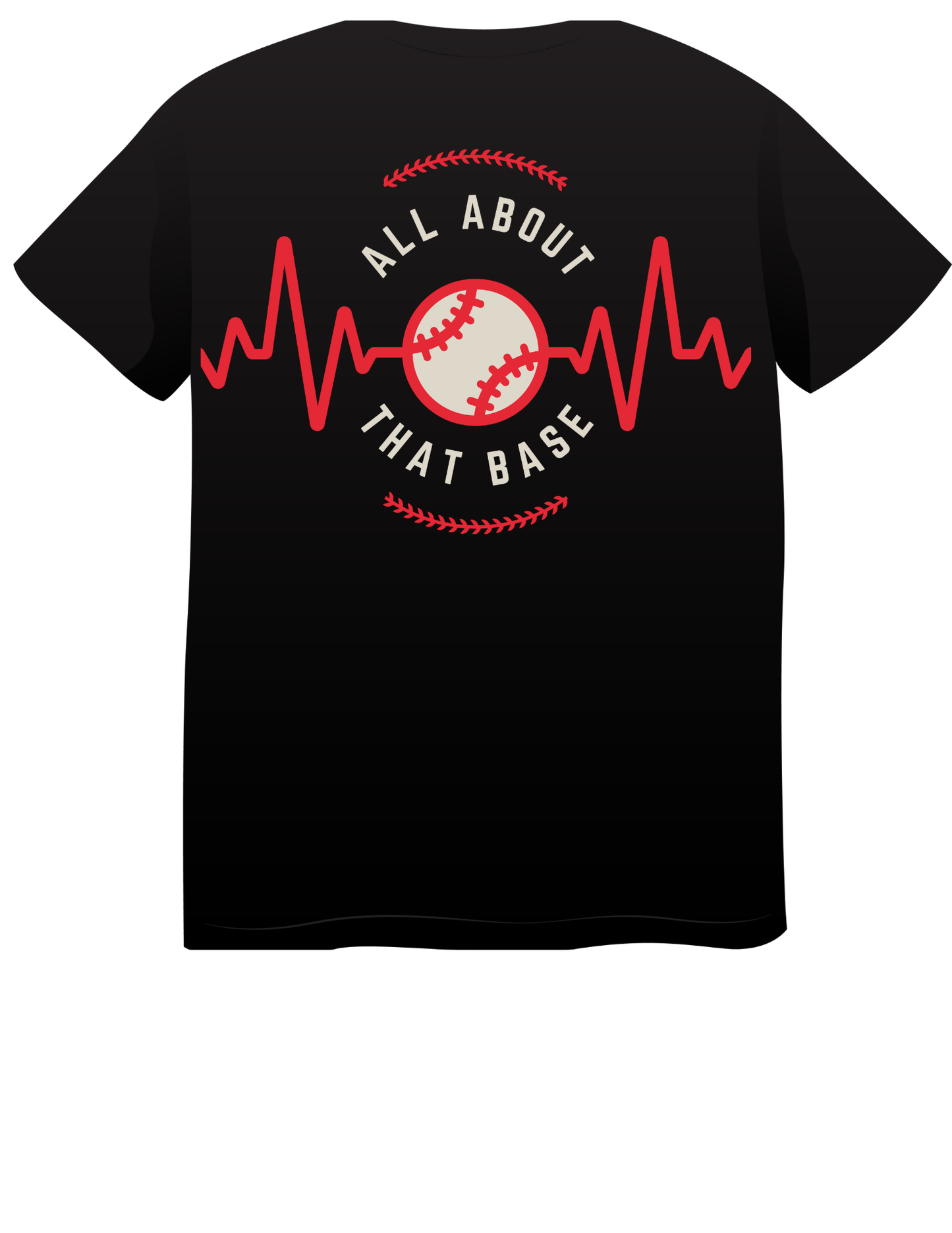 “T-shirt with red heartbeat line and baseball graphic, text reads ‘All About That Base’ in bold letters.”