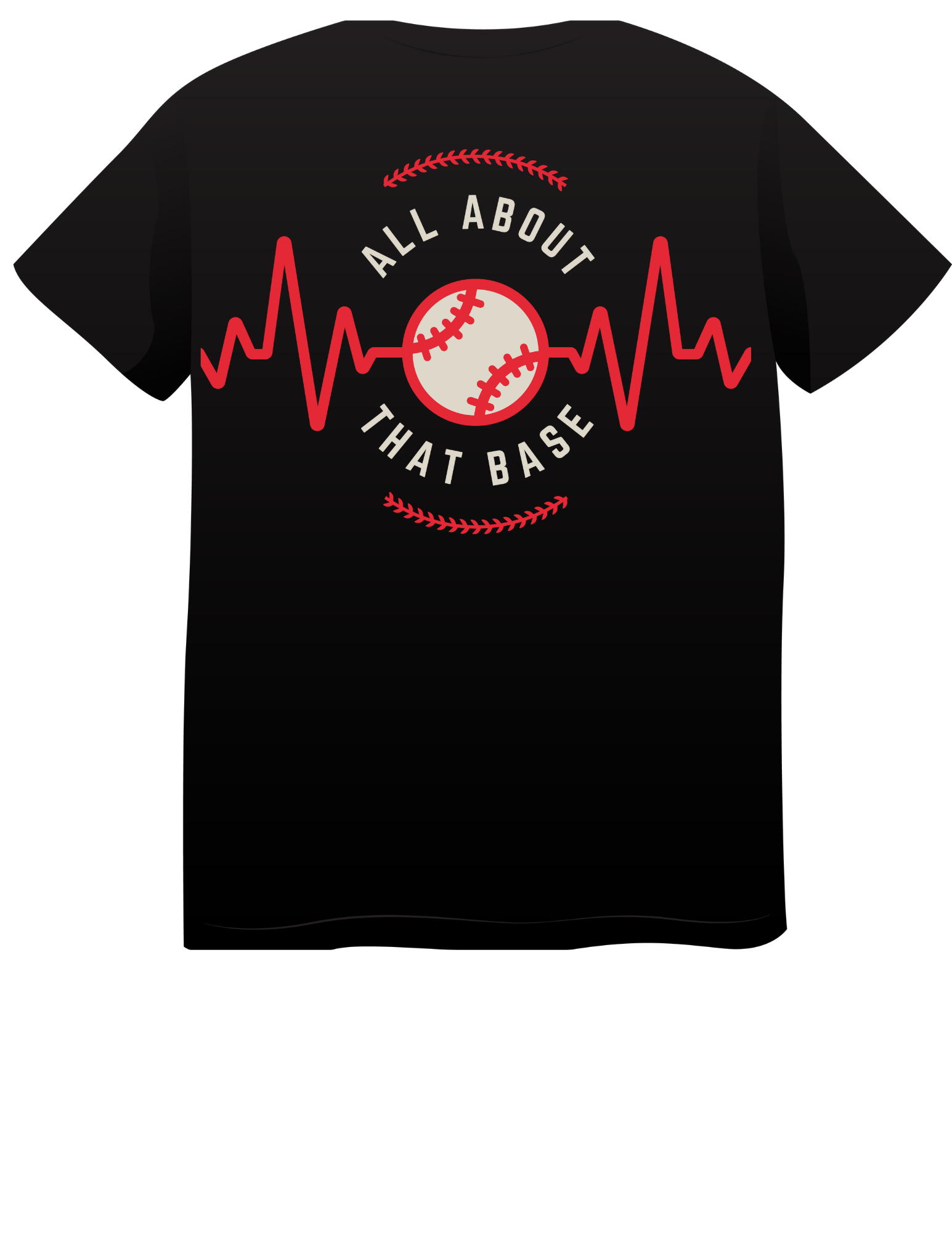 “T-shirt with red heartbeat line and baseball graphic, text reads ‘All About That Base’ in bold letters.”