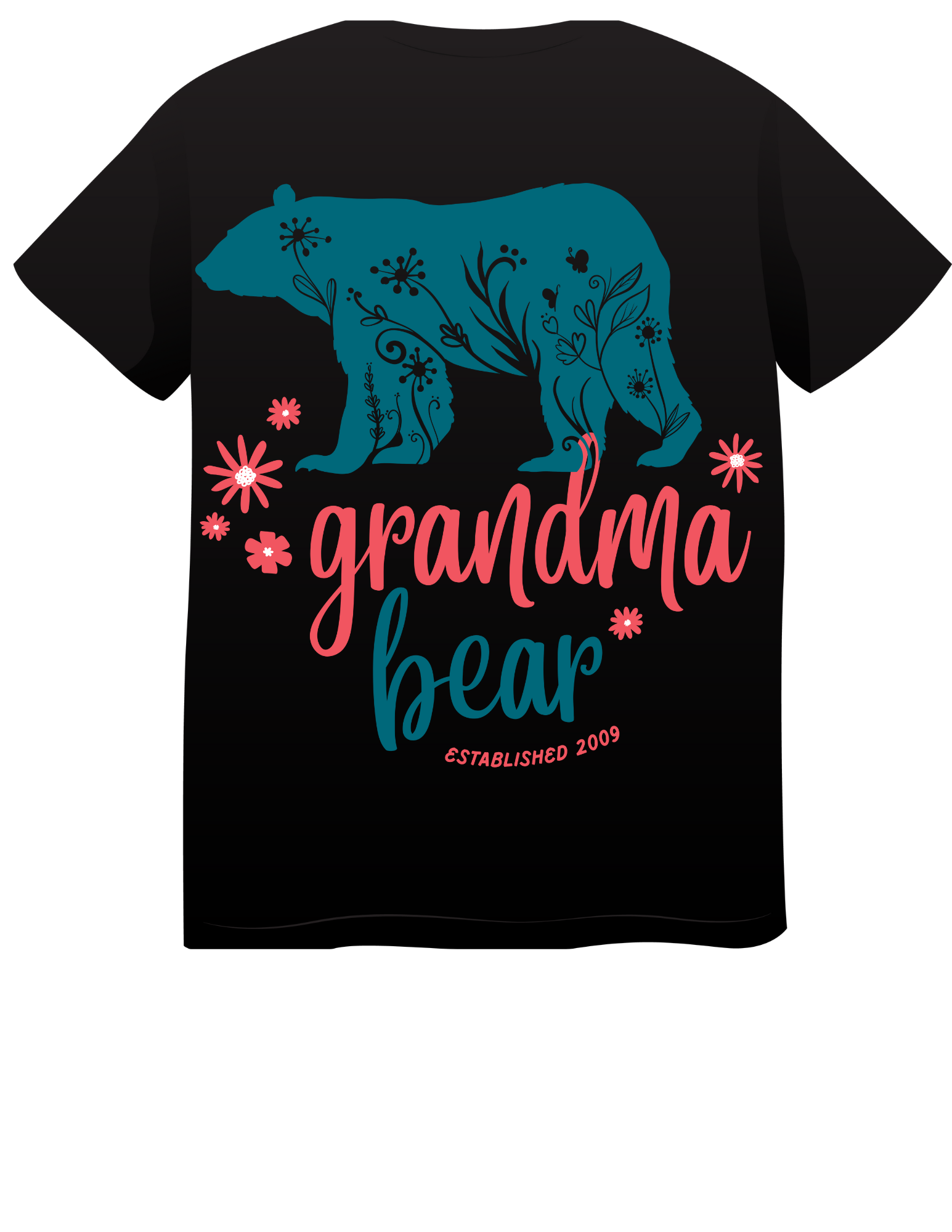 βTeal bear with floral patterns and pink flowers, text reads βGrandma Bear EST. 2009β in playful script on shirt and hoodie.β