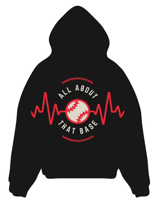 “Hoodie with red heartbeat line and baseball graphic, text reads ‘All About That Base’ in bold letters.”