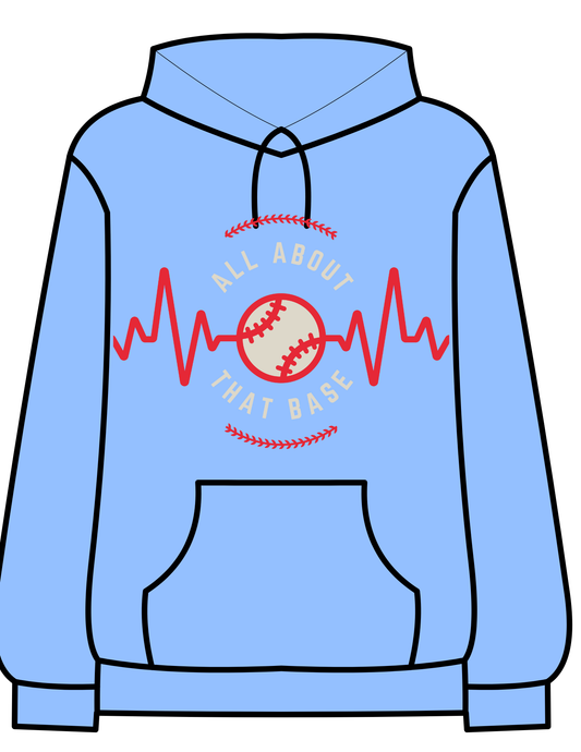 “Hoodie with red heartbeat line and baseball graphic, text reads ‘All About That Base’ in bold letters.”
