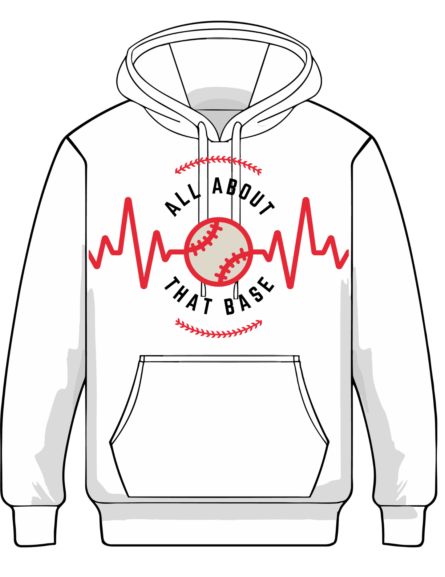 “Hoodie with red heartbeat line and baseball graphic, text reads ‘All About That Base’ in bold letters.”