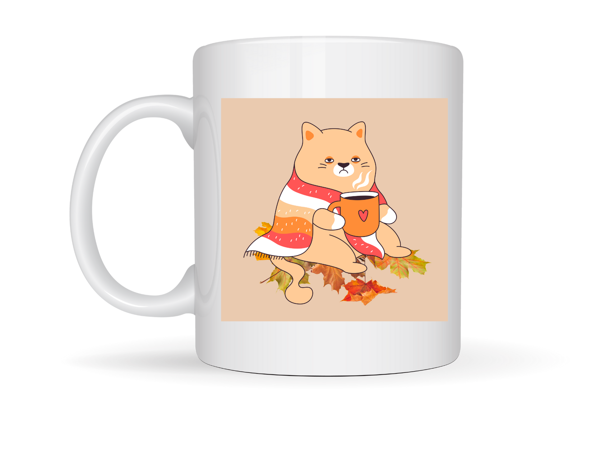 âWhite ceramic mug with a cartoon cat in a scarf holding a warm drink on one side, and âAUTUMN MOODâ text with fall leaves on the other.â