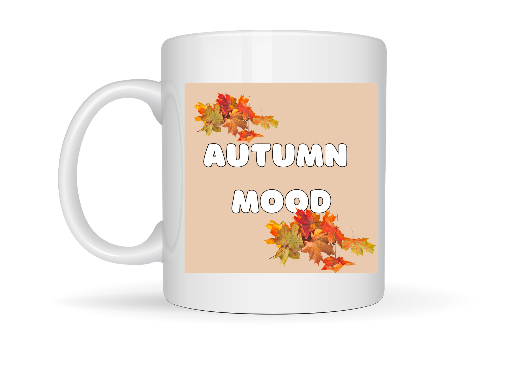 âWhite ceramic mug with a cartoon cat in a scarf holding a warm drink on one side, and âAUTUMN MOODâ text with fall leaves on the other.â