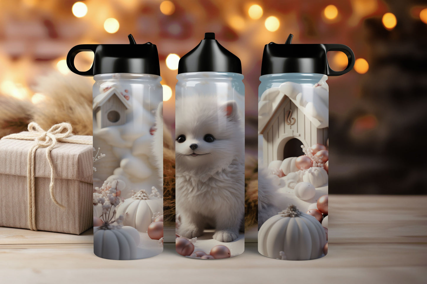 “Holiday water bottle with fluffy white puppy and cozy seasonal artwork”