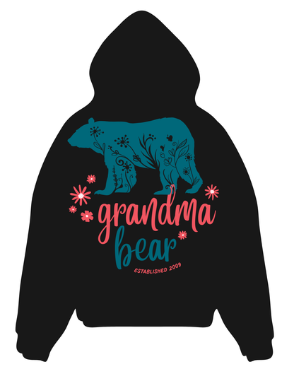 “Personalized Grandma Bear EST. (Custom Year) hoodie with teal floral bear and pink flowers.”