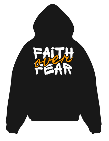 “FAITH over FEAR inspirational hoodie in black with bold typography”