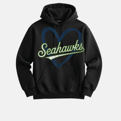 “Love Seattle Football hoodie in navy with heart graphic”