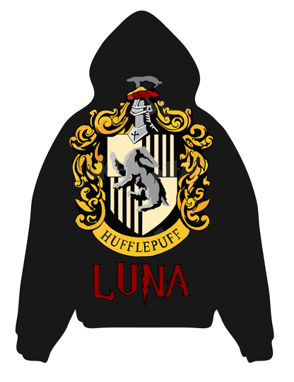 “Wizard‑inspired hoodie with house crest and custom lettering”