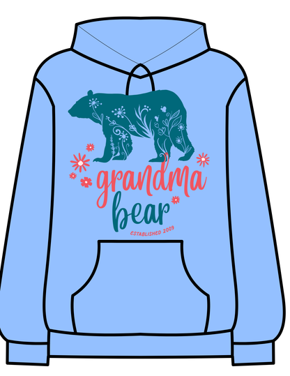 “Personalized Grandma Bear EST. (Custom Year) hoodie with teal floral bear and pink flowers.”