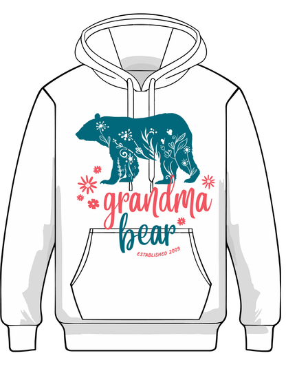 “Personalized Grandma Bear EST. (Custom Year) hoodie with teal floral bear and pink flowers.”
