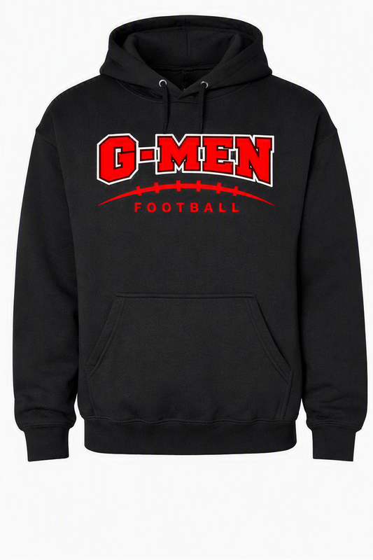 A black pullover hoodie with a red and white 'O-MEN FOOTBALL' graphic on the chest, displayed against a plain white background with a 'Made with AI' watermark in the top right corner.