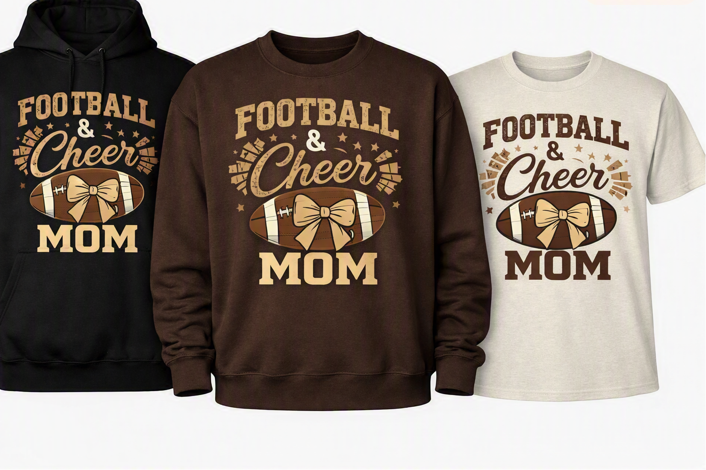 Three apparel products shown side by side on a light gray background: a black hoodie, a brown crewneck sweatshirt, and a cream T-shirt, each printed with the phrase 'FOOTBALL & Cheer MOM' and a football-and-bow graphic. 
