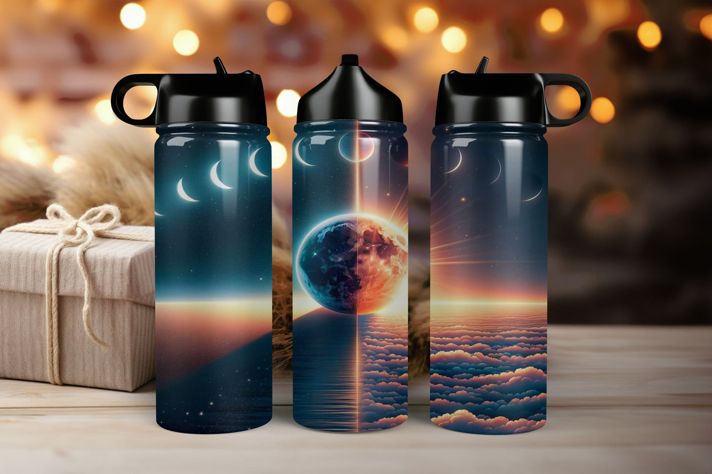 “Cosmic Skies insulated water bottle with moon phase artwork”
