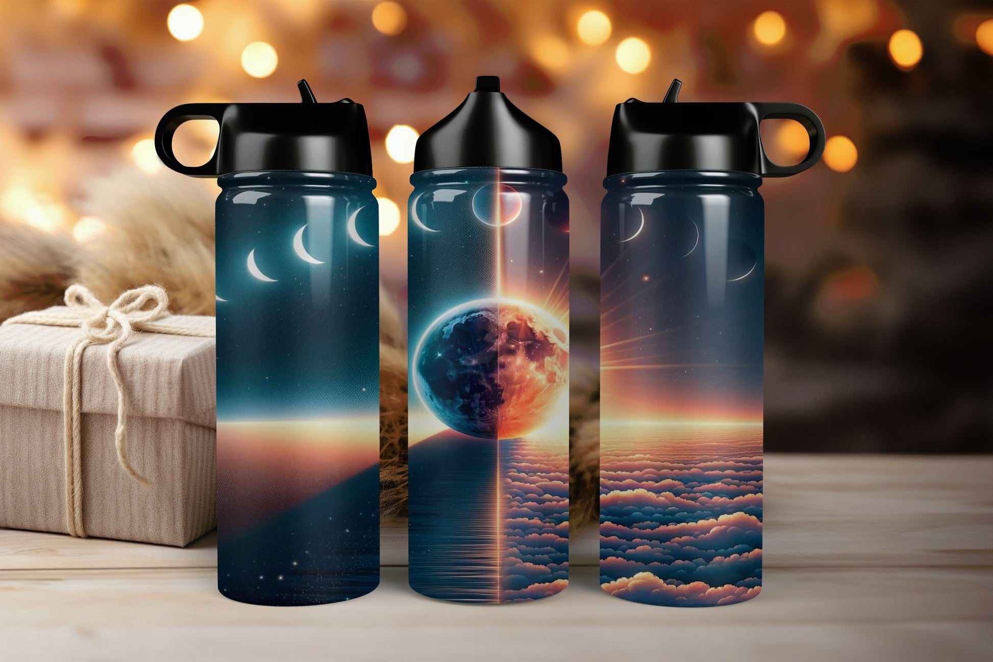 “Cosmic Skies insulated water bottle with moon phase artwork”